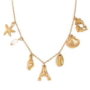18K gold plated stainless steel necklace featuring starfish, shell and letter A charms