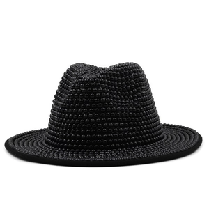 Elegant black wool fedora with wide brim and all-over pearl bead embellishments