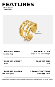 Detail view of gold stainless steel adjustable multi-layer ring with 1.7cm diameter