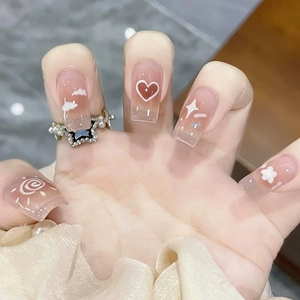 Press On Nails Square Heart Cloud Pattern Pink Gradient Sweet Cute Artificial Fingernails