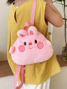 Cute pink plush cartoon animal backpack for children featuring soft ears and woven straps