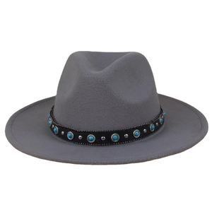 Grey felt Fedora hat with bohemian turquoise beaded leather band and silver studs