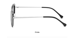 Side view of cat-eye sunglasses featuring black frames and silver metal temples