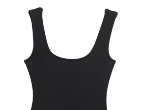 Detail of black ribbed fabric sleeveless top with U-neckline and wide shoulder straps