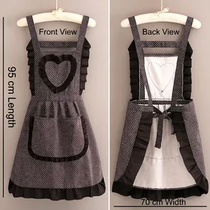 Brown polka dot canvas apron with heart ruffle detail, front and back view, 95x70cm size