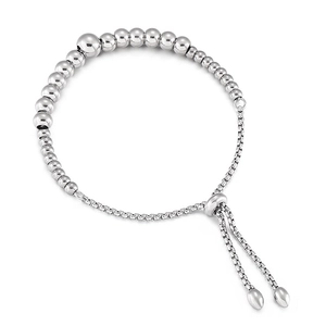 Adjustable silver polished metal beaded bracelet for women with drawstring closure