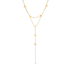 Golden double layer Y-shaped titanium steel necklace with heart pendants on white background