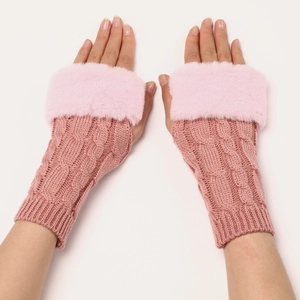 Detail of light pink cable knit arm warmers with soft faux fur cuffs for women