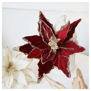 Close-up of velvet poinsettia flower with dark red petals and gold glitter edges