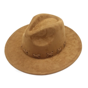 Classic camel faux suede fedora hat with wide brim and cross leather stitching detail