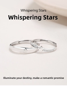 Close-up of S925 sterling silver couple rings with meteor star patterns and zircon stones