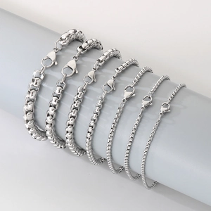 Polished silver stainless steel box chain bracelets in various width sizes for unisex