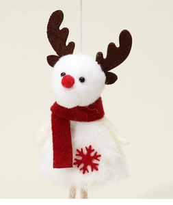 Detail of plush reindeer hanging ornament with white faux fur body and red scarf