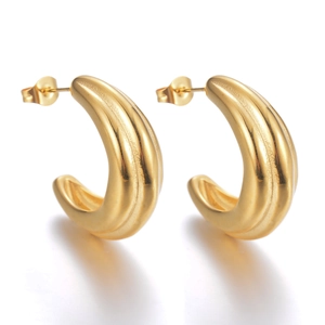 Detailed view of C-shaped 18K gold plated earrings with a brushed metal texture