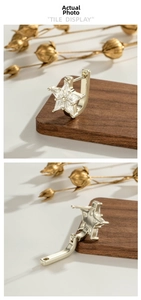 Detail view of gold star-shaped earrings with clear zircon stones and hinged closure