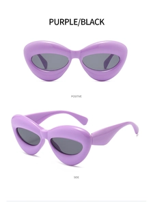 Detailed front and side views of purple bubble frame cat eye sunglasses with dark lenses