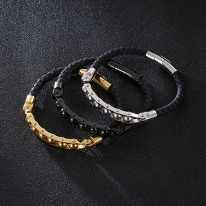 Men's ethnic braided leather bracelet set with magnetic clasps in gold black silver