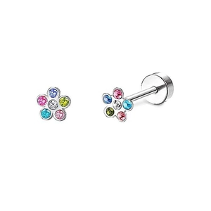 Detailed macro view of silver flower labret stud with colorful zircon crystal stones
