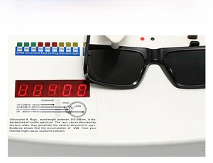 Laboratory test view showing UV400 protection level on black square sunglasses lens