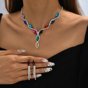 Colorful marquise stone necklace and red crystal tassel earrings jewelry set for women