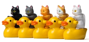 Set of five cat figurines riding yellow ducks for garden micro landscapes decor