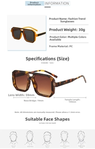 Detailed sizing chart and specifications for double bridge full frame sunglasses