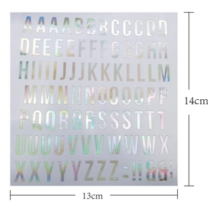 Holographic laser alphabet stickers with A-Z letters and symbols, size 13cm x 14cm