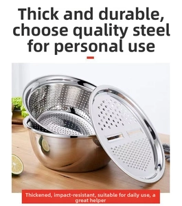 Three-piece stainless steel set with slicer lid, colander, and solid mixing bowl on counter
