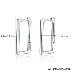 Polished S925 sterling silver rectangular hoop earrings with dimensions and weight specs
