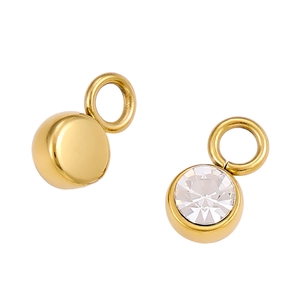 Macro view of gold metal pendant with clear zircon inlay and polished round base detail
