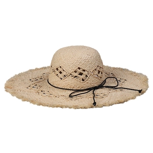 Handwoven raffia sun hat with hollow diamond pattern and black bow for women