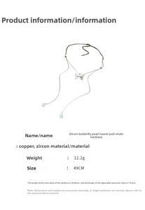 Makroaufnahme der silbernen Quasten-Halskette mit Zirkonia-Schmetterling und Perlen