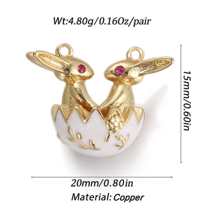 Close-up of golden bunny Easter pendant with dimensions and copper material specs