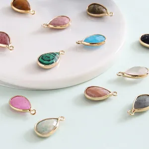 Natural teardrop semi-precious stone pendants with gold metal loops for DIY jewelry