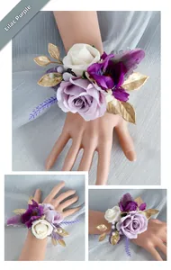 Detail of lilac purple rose wrist corsage with golden leaves and satin ribbon for weddings