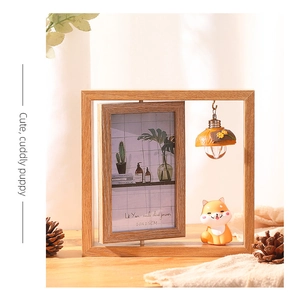 Rotating 6-inch wooden frame with dried flower light and cute Shiba Inu puppy decor