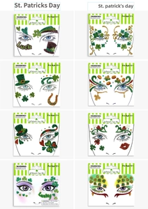 8 pack St. Patrick's Day face stickers with green shamrocks, gold horseshoes and rainbows