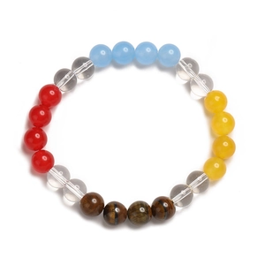 Macro view of 8mm natural turquoise and tiger eye stone beads on elastic bracelet