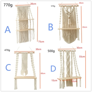 Detailed dimension comparison of four handmade macrame tapestry floating wood shelves