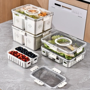 Refrigerator Food Storage Box PET Plastic Airtight Divided Drainage Basket With Handle Fridge Kitchen Organizer Container