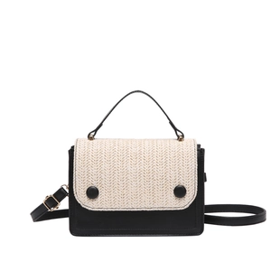 Chic woven beige and black leather crossbody square bag with gold hardware detail