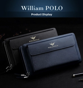 Close-up of dual-zipper leather clutch with cross-grain texture and metallic logo