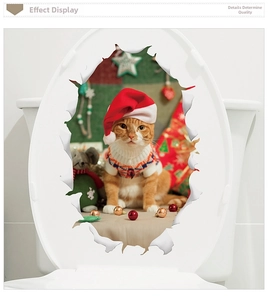 Realistic 3D Christmas cat wall sticker showing an orange cat peeping through a torn hole