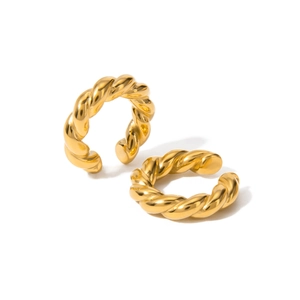 Polished 18k gold stainless steel twisted rope hoop earrings for non-pierced ears