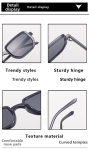 Detail view of square sunglasses with sturdy metal hinges and ergonomic curved temples