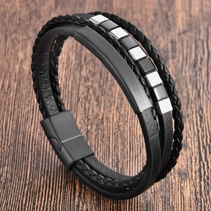 Mens multi-layer black braided leather bracelet with stainless steel magnetic clasp