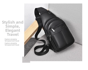 Close-up of black litchi grain leather sling bag with earphone port and zipper detail