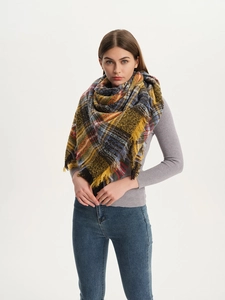 Detailed view of colorful checkered scarf featuring classic plaid patterns and soft fringe trim