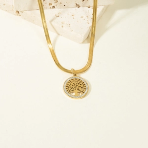 Collier Arbre de Vie doré en acier inoxydable avec pendentif en cristal et chaîne serpent