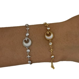 Elegant stainless steel star and moon bracelet set with shell inlay and zircon accents